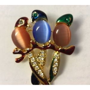 Three Parrots Jelly Belly Style Rhinestone Enamel Brooch Pin. Vintage Pre owned